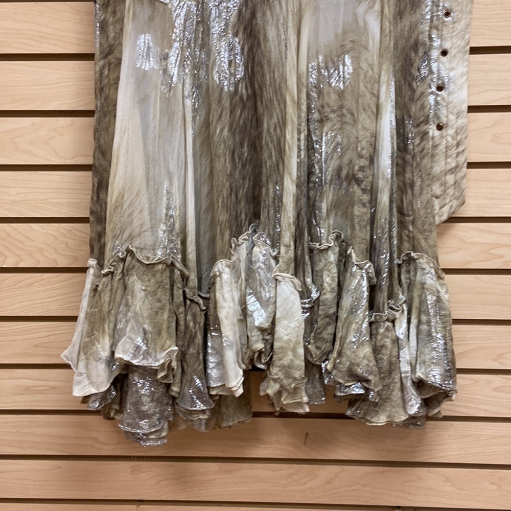 Just Cavalli Silver and Taupe Long Sleeve Ruffle-Hem Shirt Dress - Picture 3 of 11